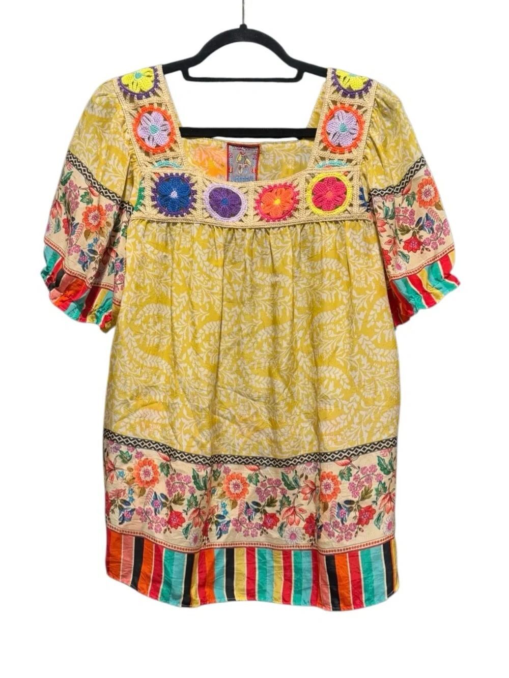 Johnny Was Women’s Crochet Floral Blouse in Yellow Multicolor Size Small